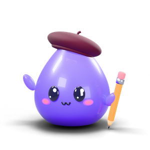 Tintik, a violet ink drop with a burgundy beret, holding a pencil
